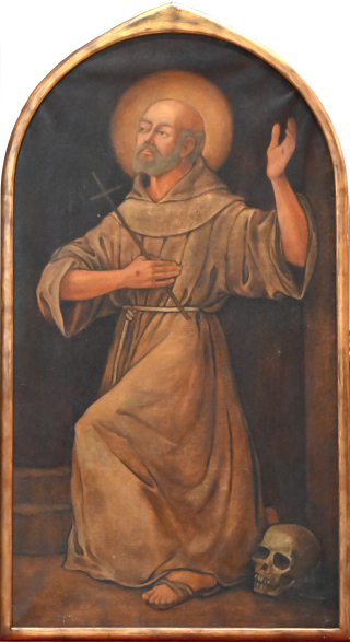 Quadro di San Francesco esposto nella chiesa di San Francesco nell'ottavo centenario della morte del Santo. A supporto di testi che descrivono eventi relativi al Santo.